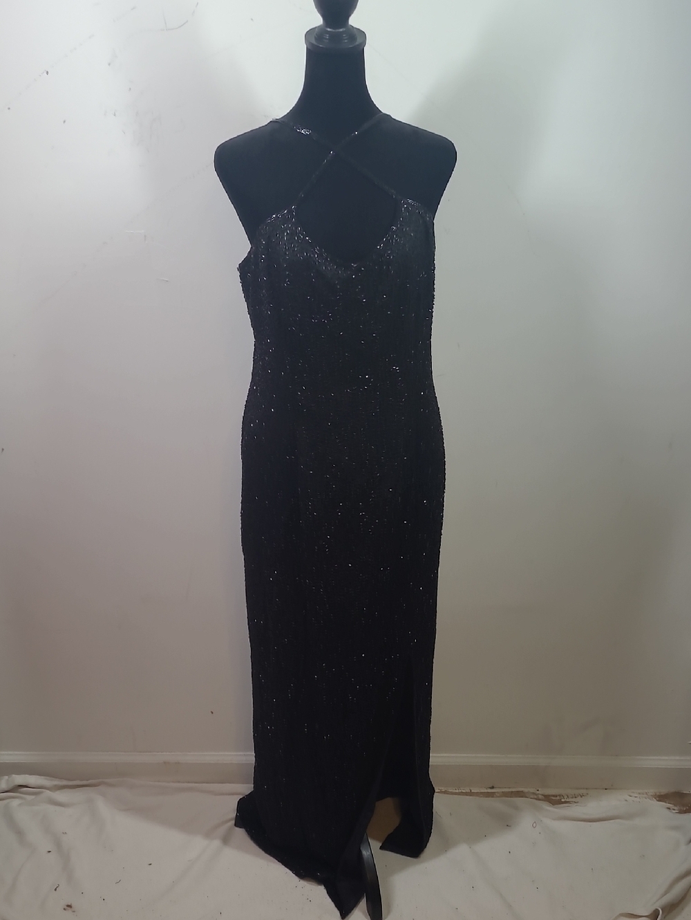 Black Beaded Evening Gown with Crisscross Halter